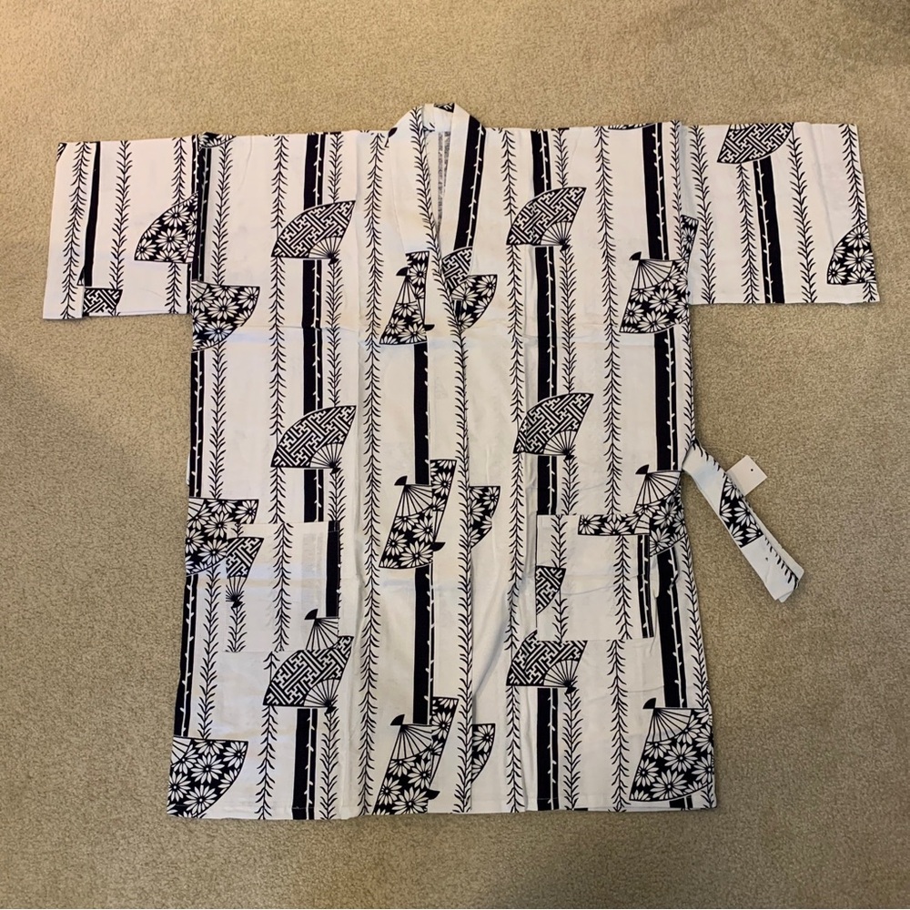 White Happi Kimono Robe Fan Print Cotton Mens One Size NEW